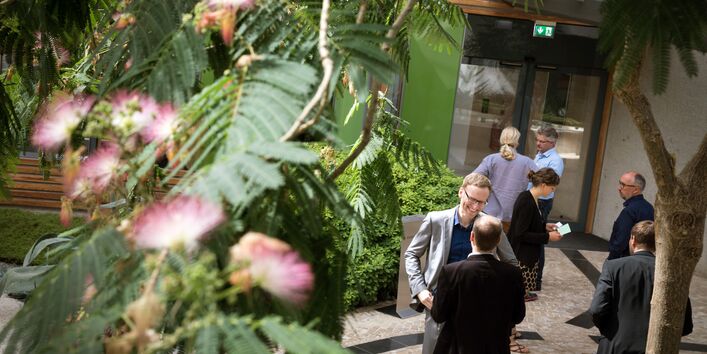 Der Blick geht von schräg oben auf Teilnehmerinnen und Teilnehmer, die sich während der Pause vor dem Eingang zur Workshopraum im Atrium angeregt unterhalten. Die Tür im Hintergrund ist verglast. Im Vordergrund sind die Baumblätter und roten -blüten eines Mimosenbaumes zu sehen.