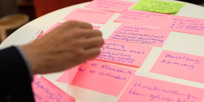 Eine Hand eines Workshopteilnehmenden sortiert rosafarbene Moderationskarten. Die Morderationskarten sind beschriftet und liegen auf einem weißen runden Tisch.