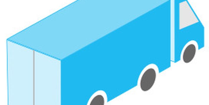 Blaues Modell eines Lastwagens von hinten.