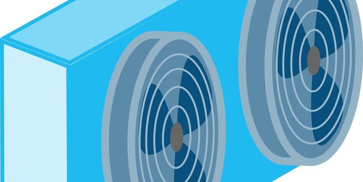 Blaues Modell eines Luftkühlers im Supermarkt.