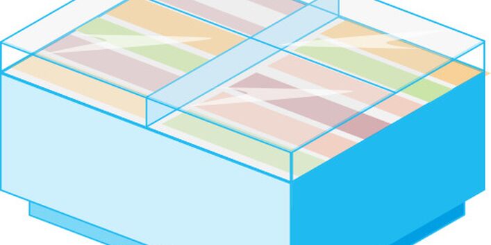 Blaues Modell einer Tiefkühltruhe.