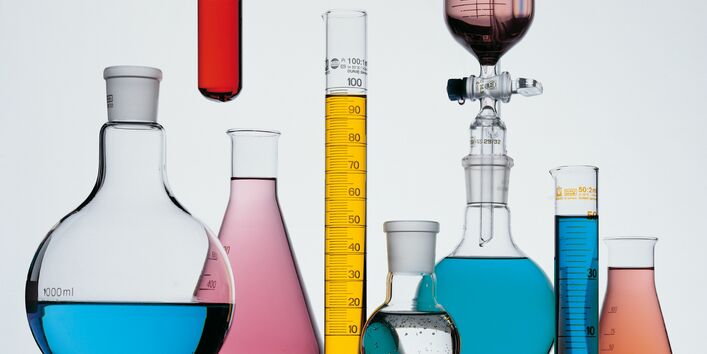 coloured liquids in flasks