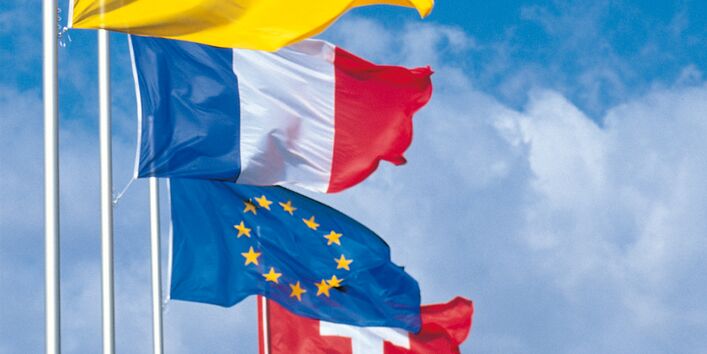 Wehende Flaggen in einer Reihe von vorn nach hinten: Badische Flagge, Frankreich, Europa und Schweiz vor einem blauen Himmel