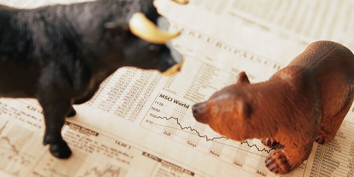 Stier- und Bärenfigur auf Zeitung