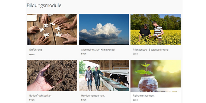 Im Raster angeordnet sind sechs Vorschaubilder zu den Bildungsmodulen wie sie auf der Internetseite des Projektes dargestellt werden.