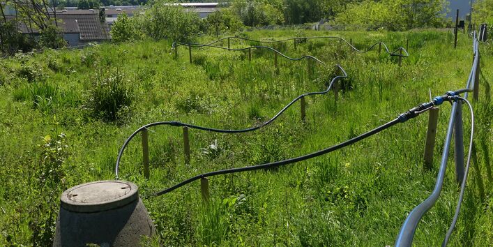 Auf einer Wiese steht ein verrohrtes Bewässerungssystem vor blauem Himmel.