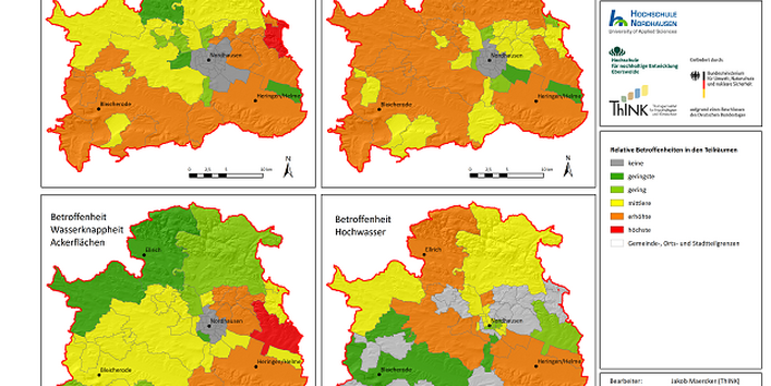 Auf vier Karten des Kreises Nordhausen werden die Betroffenheiten in den Schwerpunktthemen "Trockenstress Wald", "Erosion Ackerflächen", "Wasserknappheit Ackerflächen" und "Hochwasser" farbig markiert.