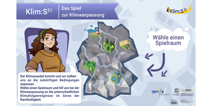 Das Bild zeigt einen Screenshot des Startbildschirms von dem digitalen Lernspiel Klim:S21.