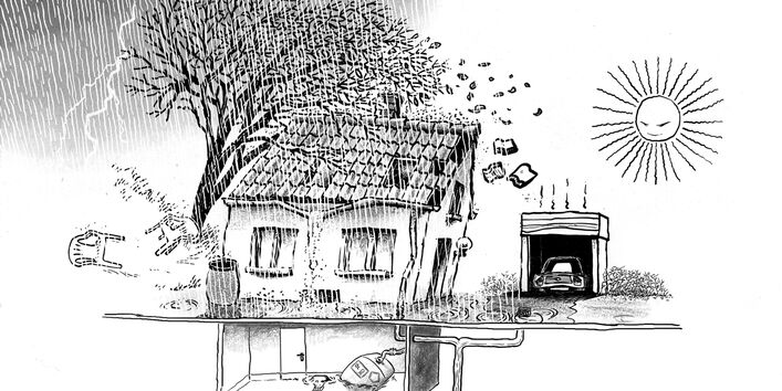 Die Illustration  zeigt ein nicht klimarobustes Haus. Das Haus geht unter den Einwirkungen der Sonneneinstrahlung, Sturm und Dauerregen kaputt.