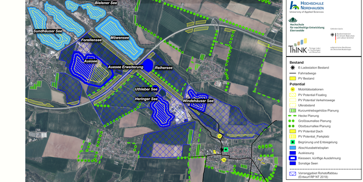 Auf einem Sattelitenbild der Kiesseen sind Potentiale für Photovoltaik sowie Begrünung eingezeichnet.