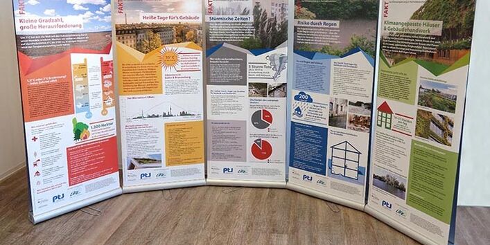 Nebeneinander sind fünf Roll-Ups mit Modulinhalten aufgebaut.