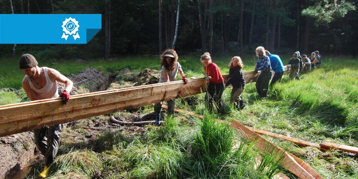 Mehrere Menschen tragen einen Holzbalken ins Moor.
