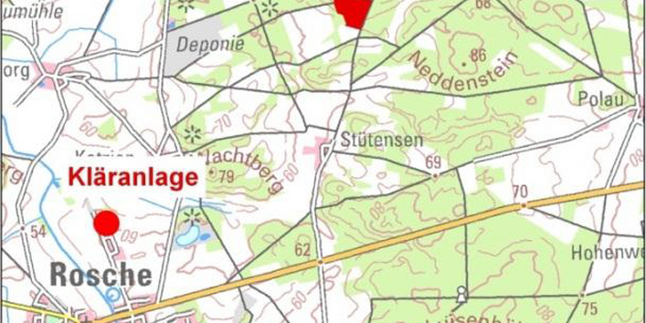 Man sieht den Versickerungsstandort und die Kläranlage auf einer Landkarte dargestellt.