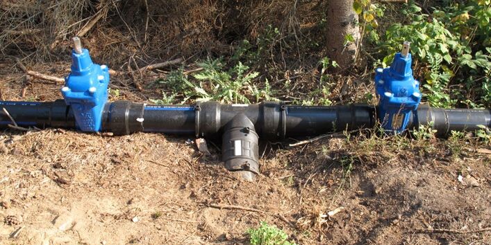 Schwarze Leitung liegt auf dem Waldboden. Mittig befindet sich der Verteiler. Links und rechts von Verteileröffnung befinden sich hellblaue Zufuhrregulatoren.