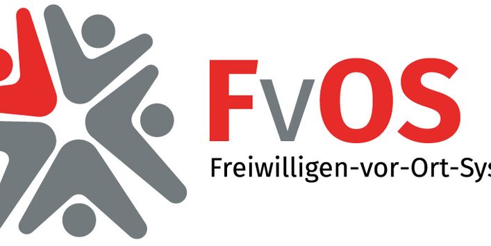 LOGO: Freiwilligen-vor-Ort-System in den Farben Rot und Grau in Buchstaben und Menschen im Kreis schematisch dargestellt.