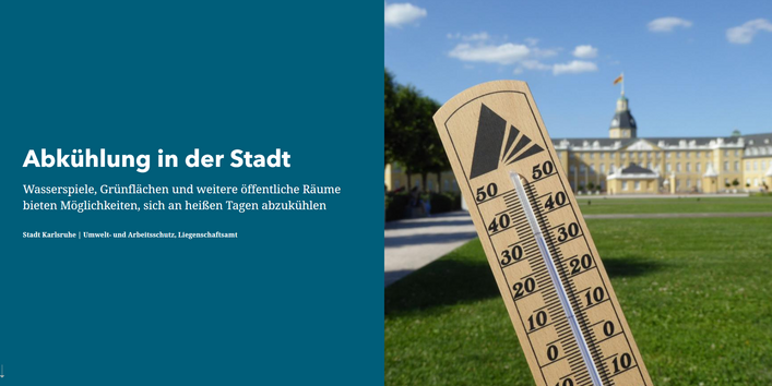 Titelbild des Karlsruher Stadtplans für heiße Tage. Fotografie eines Thermometers neben Text.