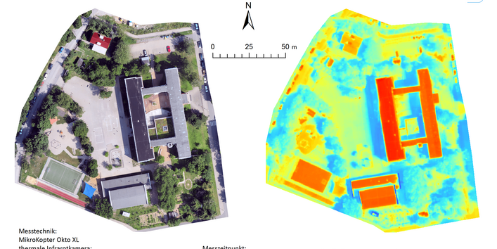 Nebeneinander abgebildet sind das Gelände der Heinrich-Heine-Schule aus der Vogelperspektive und das Gelände mit farblich markierten Oberflächentemperaturen. Die Gebäude sind besonders warm, während Grünflächen besonders kühl sind.