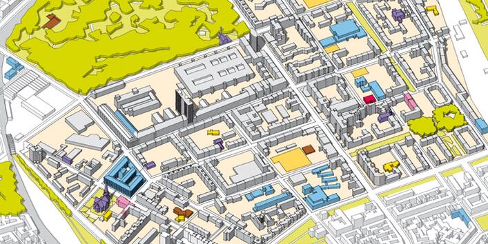 Ein 3D-Plan des Kiezes Brunnenviertel in dem einzelne Bereiche/Gebäude mit verschiedenen Farben markiert sind.