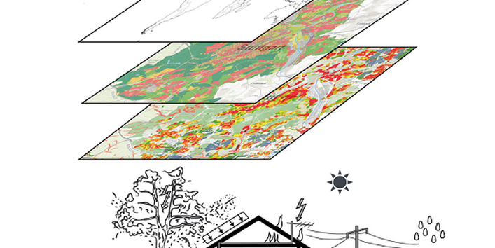 Schematische Darstellung des MoKli-Moduls. In der Darstellung eines Schnitts durch ein Haus werden verschiedene Wirkungen wie Wasser, Elektrizität und Sonneneinstrahlung dargestellt. Darüber befinden sich drei Karten: auf oberster Ebene eine farblose Weltkarte, darunter eine Karte Stuttgarts, in der einzelne Bereiche eingefärbt sind und wiederum darunter ein detaillierter eingefärbter Ausschnitt.