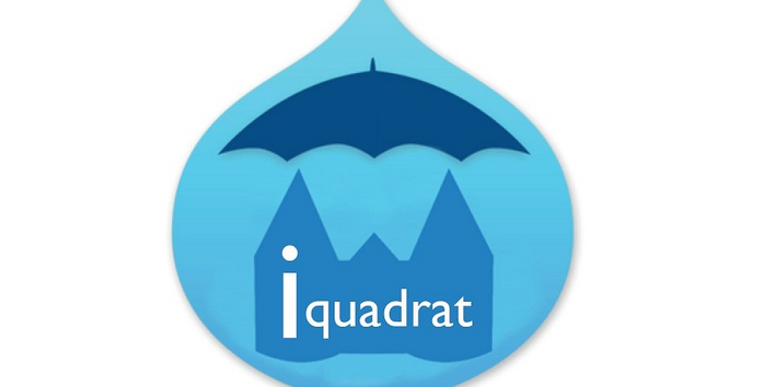 Logo des Projektes i-quadrat. In einem hellblauen Wassertropfen ist ein Stadtmauertor mit dem Schriftzug "i quadrat" unter einem Schirm abgebildet.
