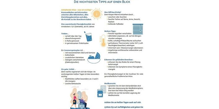Dargestellt werden wichtige Tipps zur Vermeidung gesundheitlicher Folgen aufgrund von Hitze.