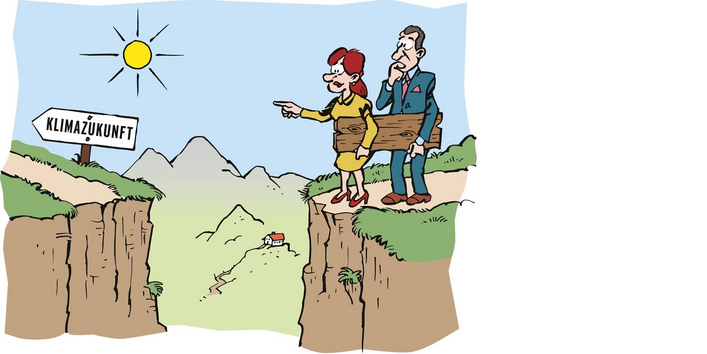 Im Karikaturstil abgebildet stehen zwei Personen rechts im Bild vor einer Schlucht. Links von der Schlucht steht ein Schild mit der Aufschrift "Klimazukunft". Der Weg, auf dem die beiden Personen stehen führt von rechts nach links und wird durch die Schlucht unterbrochen. Die vorne stehende Person deutet auf das Schild; beide tragen ein Brett, dass breit genug, ist als dass man darüber gehen könnte.