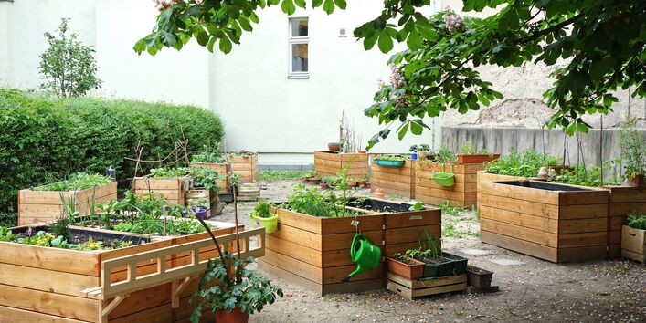 Bepflanzte Hochbeete im urbanen Raum.