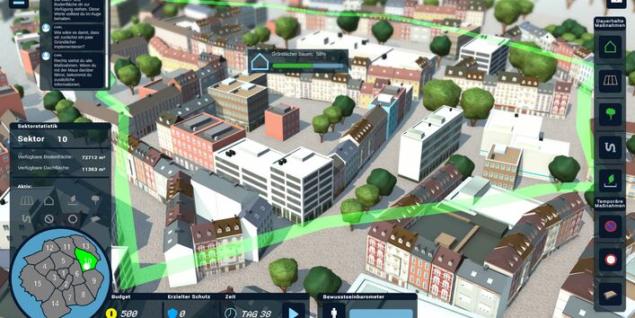 Ein Screenshot aus dem laufenden Spiel, in dem die GUI mit verschiedenen Elementen (Live-Chat, "Sektorenstatistik"...) und eine computergenerierte Stadtansicht eines Aachener Stadtteils zu sehen ist.