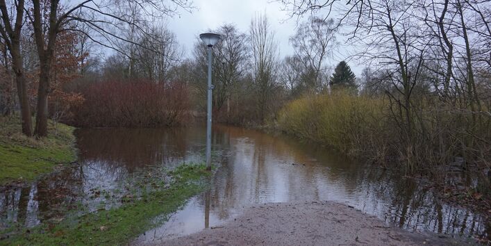 Flusswasser überschwemmt einen Wanderweg. Der Wanderweg ist umrahmt von unbelaubten Bäumen und austreibenen Büschen. Am Wegesrand steht eine Laterne.