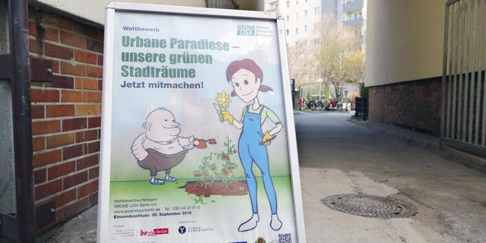 Aufsteller zum Wettbewerb Urbane Paradiese - unsere grünen Stadträume.