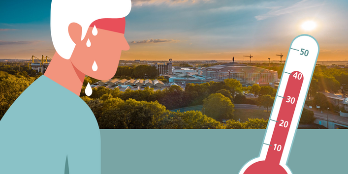 Das Bild zeigt die Titelseite des Hitzehelfers 2023. Es ist ein Foto von Dortmund mit einer schwitzenden Person im Vordergrund 