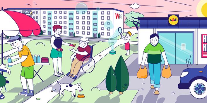 Das Bild zeigt ältere Menschen im Wohnquartier, die an einem heißen Tag Unterstützung erhalten.