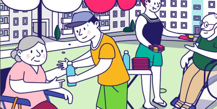 Das Bild zeigt ältere Menschen im Wohnquartier, die an einem heißen Tag Unterstützung erhalten.