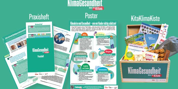 Das Bild zeigt die Bildungsmaterialien, die im Rahmen des Programms KlimaGesundheit - Aktiv für Kitas entwickelt wurden. 