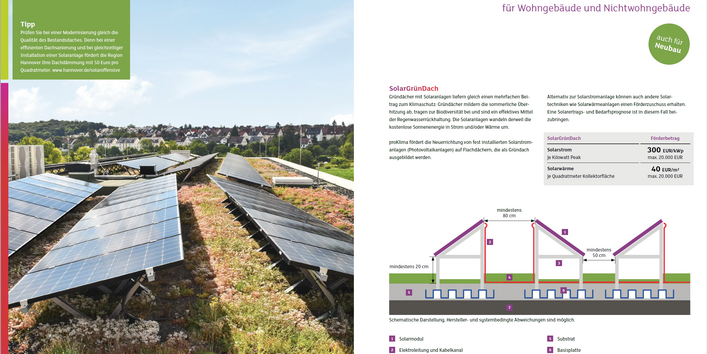 Das Bild zeigt die Doppelseite zum SolarGrünDach Förderangebot aus der proKlima Energiewende Richtlinie 2021