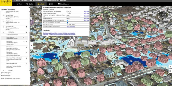 Für ein ausgewähltes Gebäude ist ein Pop-up geöffnet, das Informationen zu Wassertiefe und potenzieller Schadenssumme enthält.