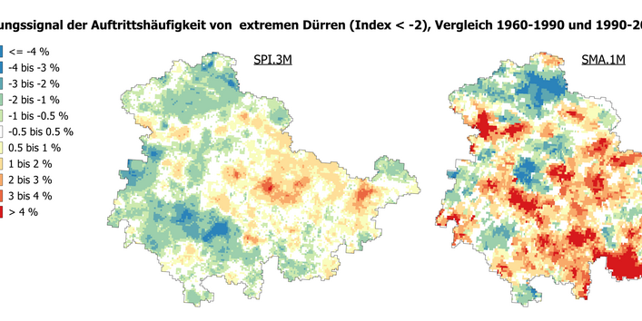 Änderungssignal der Auftrittshäufigkeit von extremen Dürren (Index < -2), Vergleich 1960-1990 und 1990-2020