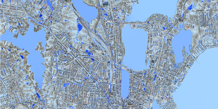 Grafische Darstellungen von Starkregengefahren für Schwerin auf blauem Hintergrund.
