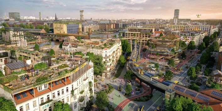 Vision vom Schlesischen Tor als Luftbild mit vielen Bäumen, begrünten Dächern und Fassaden und zahlreichen Begegnungsorten.