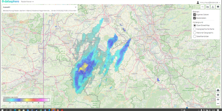Mit dem Radar beobachtetes Regenereignis dargestellt im KISTERS's datashpere Produkt