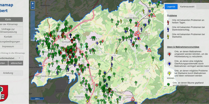 Farbig markierte Beteiligungskarte Klima.Map (Ausschnitt) im Rahmen des Klimafolgenanpassungskonzepts der Stadt Velbert.