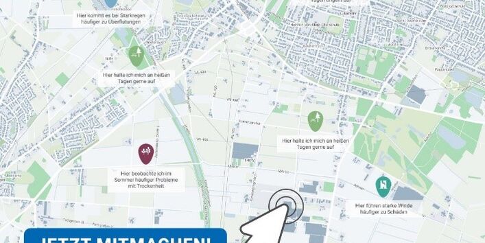 Umfrage Klimaanpassung anhand eines Kartenausschnittes von Papenburg. Gefährdete Gebiete können markiert werden mit Pfeil.