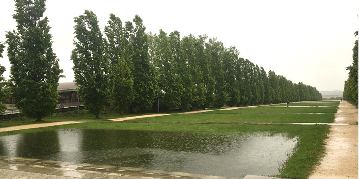 Starkregen im Schaffhauser Park (Ostfildern): Das Wasser wird kontrolliert in dafür vorgesehene Rückhaltemaßnahmen geleitet.