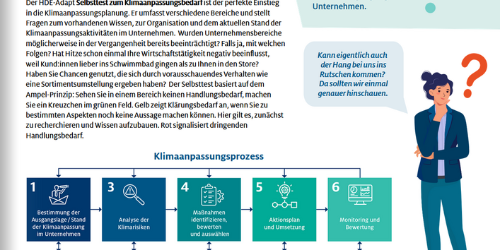 Auszug aus dem Schritt-für-Schritt-Leitfaden zur Klimaanpassung für Handelsunternehmen in den Farben Dunkelblau und Türkis.