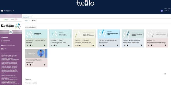 Grafische Darstellung der Landingpage offener Bildungsressourcen Twillo mit Texten in pastellfarbigen Kästen. 