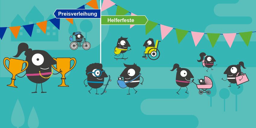 EMW-Maskottchen fruen sich über ihre Pokale unter einer Girlande