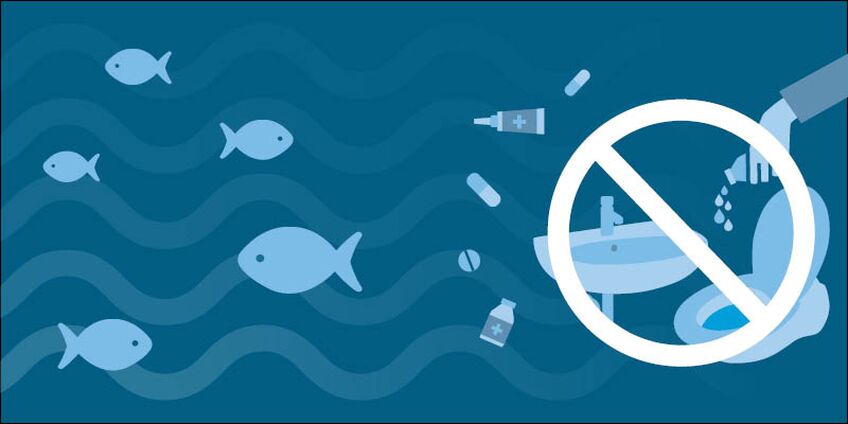 Illustration featuring fish, water, medicines, a toilet, and a sink