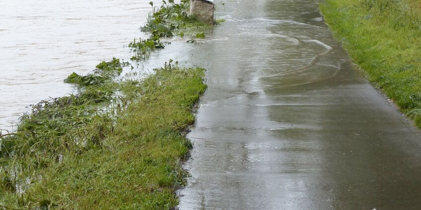 Es ist ein Gehweg zu sehen mit einem Grünstreifen. Dieser ist überschwemmt mit Wasser von dem anliegenden Fluss auf der linken Seite. 
